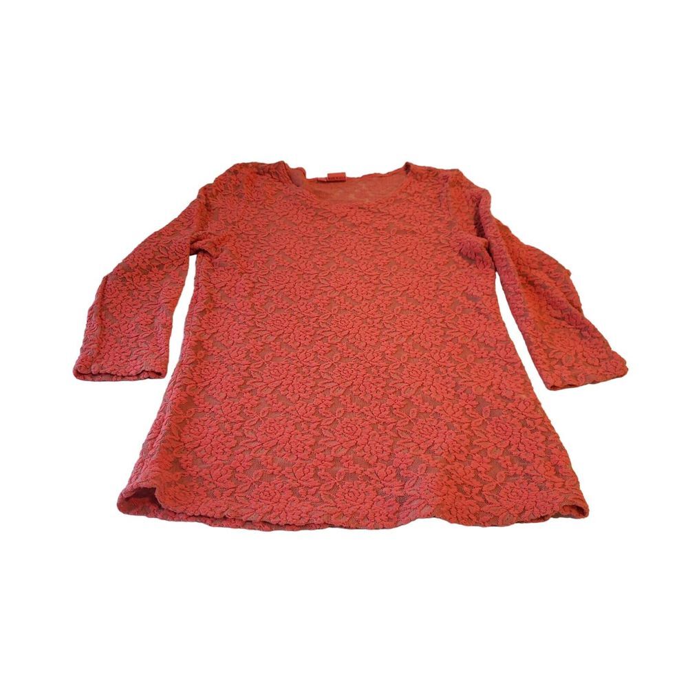 TIANELLO Ballet Tee Blouse Peach Lace Semi‎ Sheer 3/4 Sleeve Stretch Size S